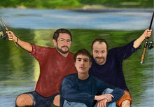 Load image into Gallery viewer, Color portrait with background - men drawn fishing with lake scene - colour portrait - drawings and portraits from your photos - drawking.com - DrawKing