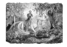 Load image into Gallery viewer, Black & white with character - Girl drawn in fairytale with unicorn - drawings and portraits from your photos - drawking.com - Drawking