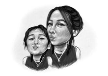 Load image into Gallery viewer, Black and white caricature - Girls drawn pouting  - Black & white portrait - drawings and portraits from your photos - drawking.com - DrawKing