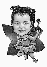 Load image into Gallery viewer, Black and white caricature as a character - Girl drawn as a fairy  - Black & white portrait - drawings and portraits from your photos - drawking.com - DrawKing