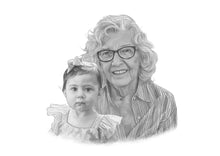 Load image into Gallery viewer, Black and white portrait - Nana drawn with granddaughter  - Black & white portrait - drawings and portraits from your photos - drawking.com - DrawKing