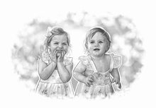 Load image into Gallery viewer, Black and white portrait - Twin sisters drawn together  - Black & white portrait - drawings and portraits from your photos - drawking.com - DrawKing