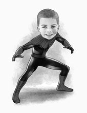 Load image into Gallery viewer, Black and white portrait as a character - Boy as spiderman  - Black & white portrait - drawings and portraits from your photos - drawking.com - DrawKing