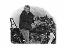 Load image into Gallery viewer, Black and white portrait with a large object - Man and dog with motorbike - Black & white portrait - drawings and portraits from your photos - drawking.com - Drawking