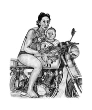 Load image into Gallery viewer, Black and white portrait with a large object - Woman and child drawn on motorbike  - drawings and portraits from your photos - drawking.com - Drawking