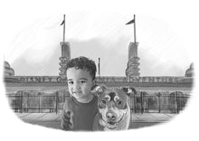 Load image into Gallery viewer, Black and white portrait with background - boy drawn with dog at disney adventures - Black & white portrait - drawings and portraits from your photos - drawking.com - DrawKing