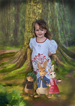 Load image into Gallery viewer, Color portrait with background - girl drawn with Peter rabbit  - colour portrait - drawings and portraits from your photos - drawking.com - DrawKing