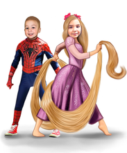 Load image into Gallery viewer, Colour drawing as a character - Bother and sister dressed as disney princess and marvel superhero  - drawings and portraits from your photos - drawking.com - DrawKing