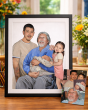 Load image into Gallery viewer, Framed family portrait of a grandfather with his grandchildren on a wooden surface.
