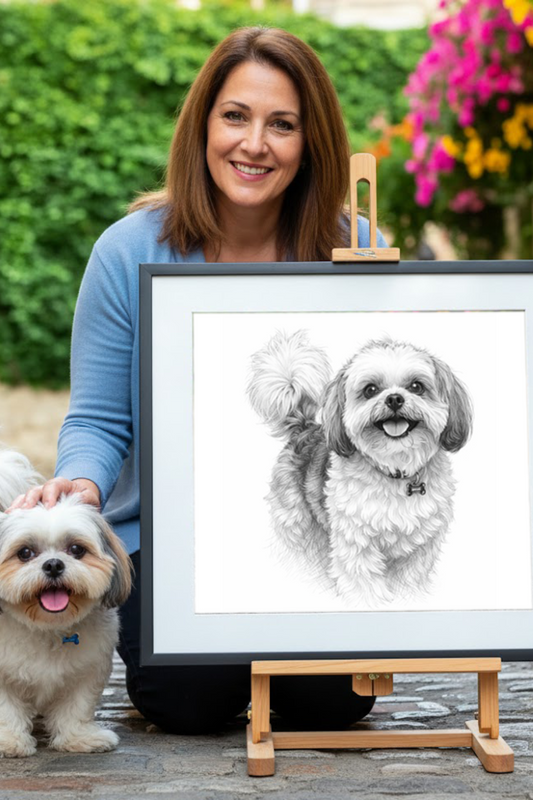 Happy customer with her DrawKing black and white pencil sketch pet portrait alongside her dog