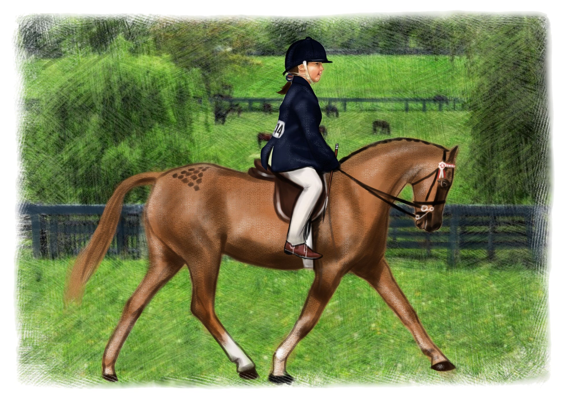 Colour pet portrait - Girl drawn on horse in field - Color drawing -drawings and portraits from your photos - drawking.com - Drawking